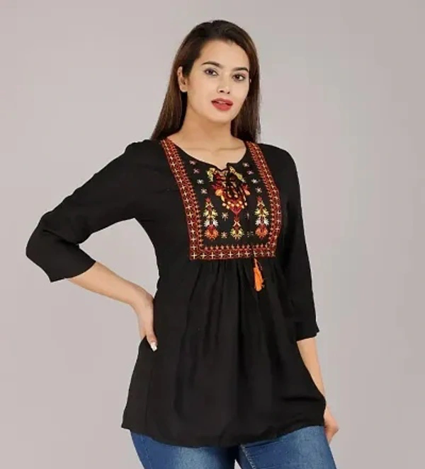 Alluring Rayon Embroidered Short Kurta For Women - XXL, Black