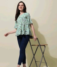 Green Floral Print Layered Top in Crepe fabric with Round Neck and Half Sleeve - S