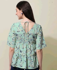 Green Floral Print Layered Top in Crepe fabric with Round Neck and Half Sleeve - S