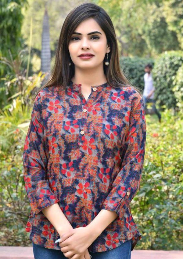 FANCIFY designed Women's fashion Floral Printed attractive Navy Blue Red flower Rayon Top top shirt style top for women with three quarter sleeves western top for women and girls - S