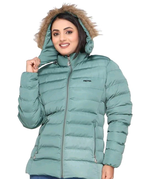 AEMA FULL SLEEVE JACKET WITH FURR HOOD FOR WOMEN 1401-MINT-GREEN - Pine Green, XL