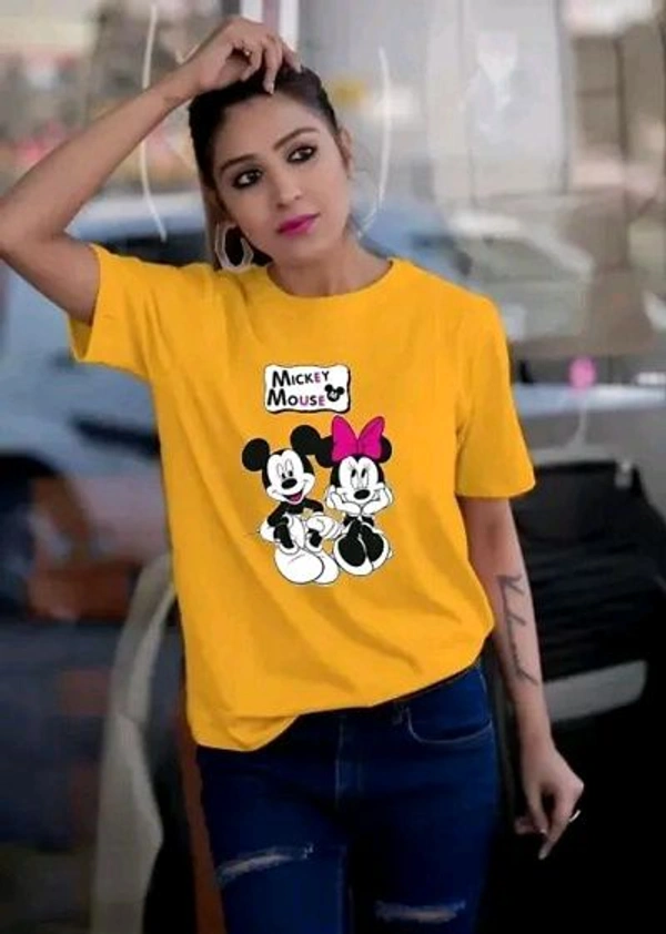 Cotton Printed Women Round Neck T-Shirts - Yellow, XXL