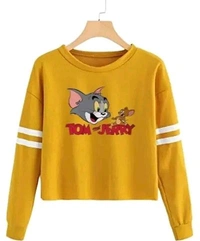 Trendy Regular Designer TOM-N-JERRY Printed 100% Cotton Full Sleeve T-shirt for Women And Girls - White, S