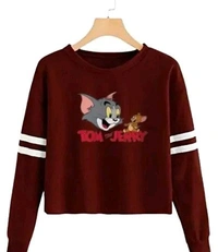 Trendy Regular Designer TOM-N-JERRY Printed 100% Cotton Full Sleeve T-shirt for Women And Girls - White, S