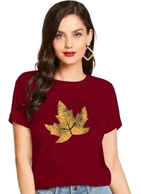 Cintia Women Print Smile Tshirt | Half Sleve Plain | Regular Fit Ladies T Shirt for Women & Girls | Cotton Shirt for Women | T-Shirt for Women | T-Shirt Leaf Pink - Black, S