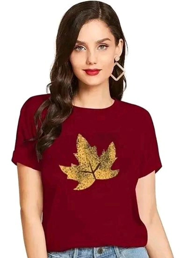 Cintia Women Print Smile Tshirt | Half Sleve Plain | Regular Fit Ladies T Shirt for Women & Girls | Cotton Shirt for Women | T-Shirt for Women | T-Shirt Leaf Pink - Maroon, S