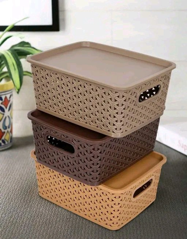 Plastic 3 Pieces Extra Small Size Multipurpose Solitaire Storage Basket with Lid (Multi) - Storage Basket (Pack of 3)