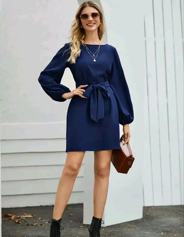 Vivient Women Elegant Elastic Sleeve Crepe Short Dress - Blue, S
