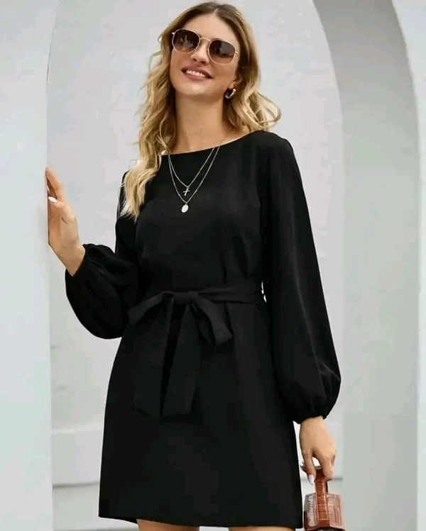 Vivient Women Elegant Elastic Sleeve Crepe Short Dress - Black, M