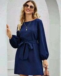 Vivient Women Elegant Elastic Sleeve Crepe Short Dress - Blue, L