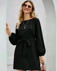 Vivient Women Elegant Elastic Sleeve Crepe Short Dress - Black, L