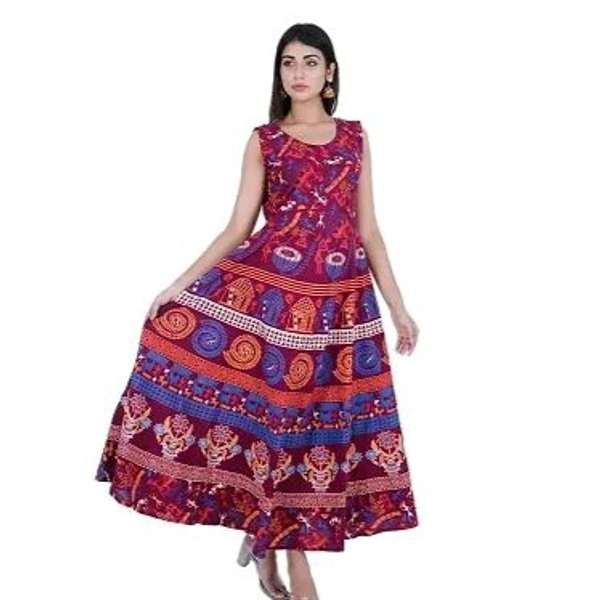 Rangun Presents Jaipuri Printed Long Women's Maxi one Piece Dress Free Size - Maroon, Free Size