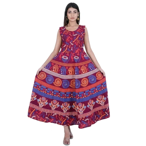 Rangun Presents Jaipuri Printed Long Women's Maxi one Piece Dress Free Size - Maroon, Free Size