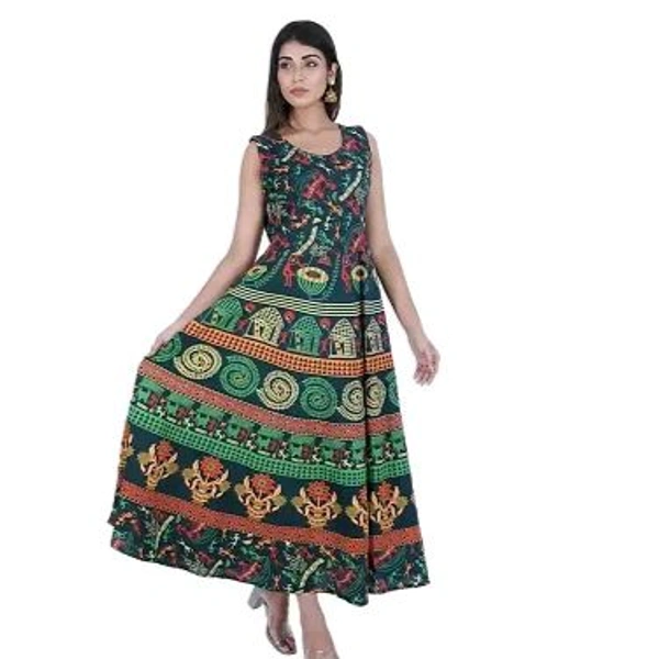 Rangun Presents Jaipuri Printed Long Women's Maxi one Piece Dress Free Size - Japanese Laurel, Free Size