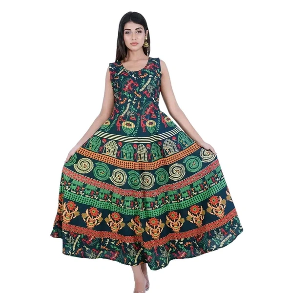Rangun Presents Jaipuri Printed Long Women's Maxi one Piece Dress Free Size - Japanese Laurel, Free Size