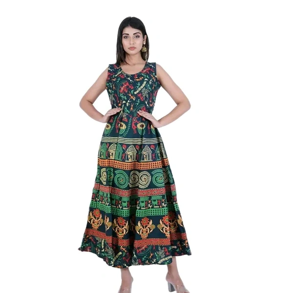 Rangun Presents Jaipuri Printed Long Women's Maxi one Piece Dress Free Size - Japanese Laurel, Free Size