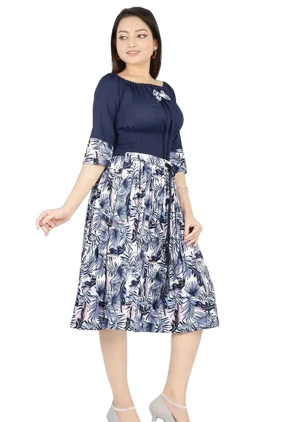Charming Rayon Midi Length Dress For Women - Navy Blue, M