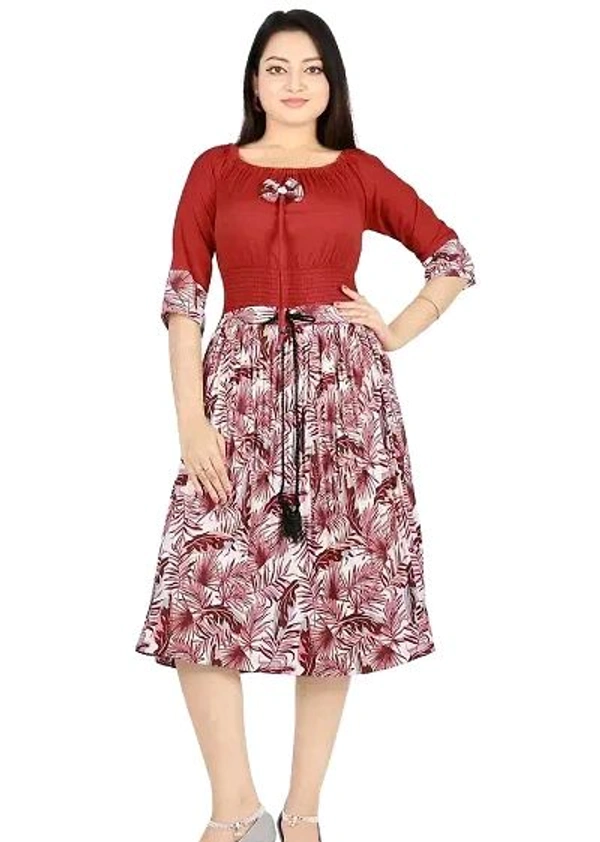 Charming Rayon Midi Length Dress For Women - Red, XS