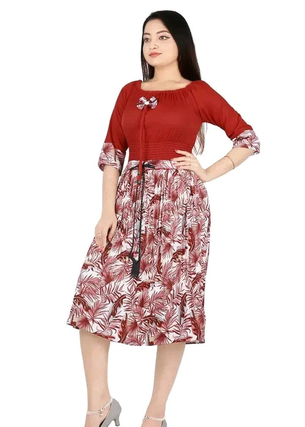 Charming Rayon Midi Length Dress For Women - Red, XS