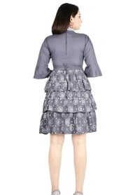 Alluring Rayon Printed A-Line Dress With Attached Belt - Gray, L