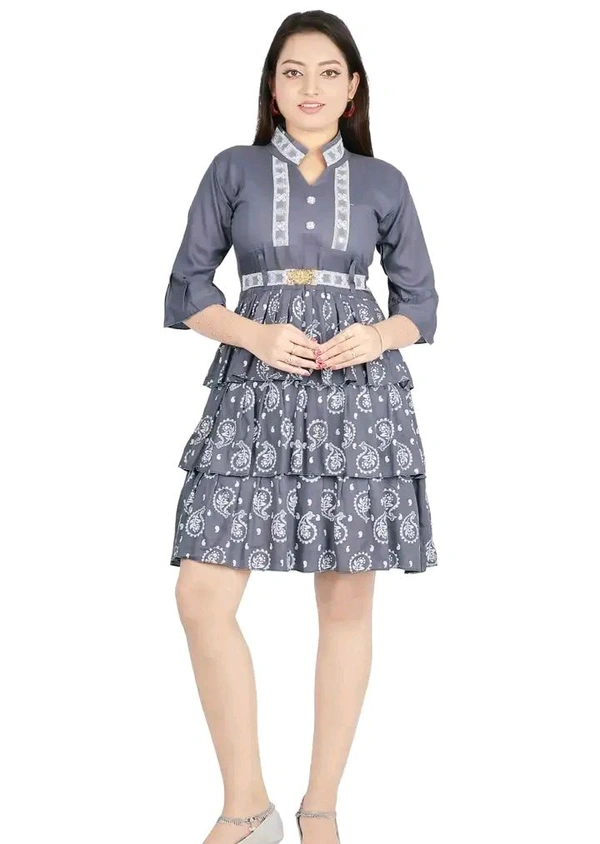 Alluring Rayon Printed A-Line Dress With Attached Belt - Gray, XL