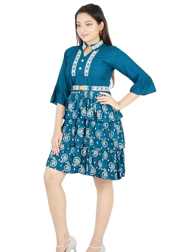 Alluring Rayon Printed A-Line Dress With Attached Belt - Blue, S