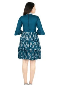 Alluring Rayon Printed A-Line Dress With Attached Belt - Blue, S