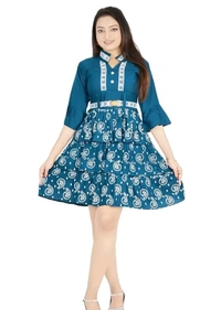 Alluring Rayon Printed A-Line Dress With Attached Belt - Blue, L
