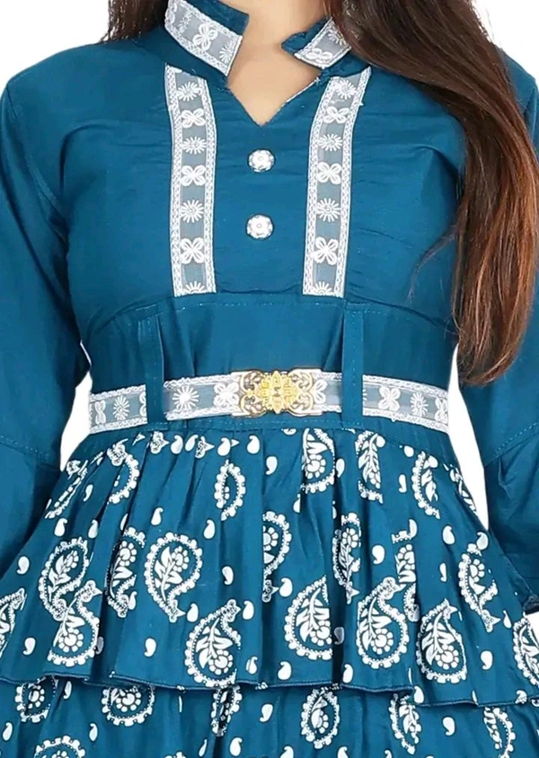 Alluring Rayon Printed A-Line Dress With Attached Belt - Blue, XL