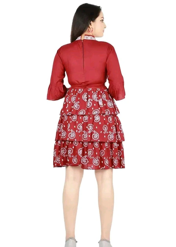 Alluring Rayon Printed A-Line Dress With Attached Belt - Red, XS