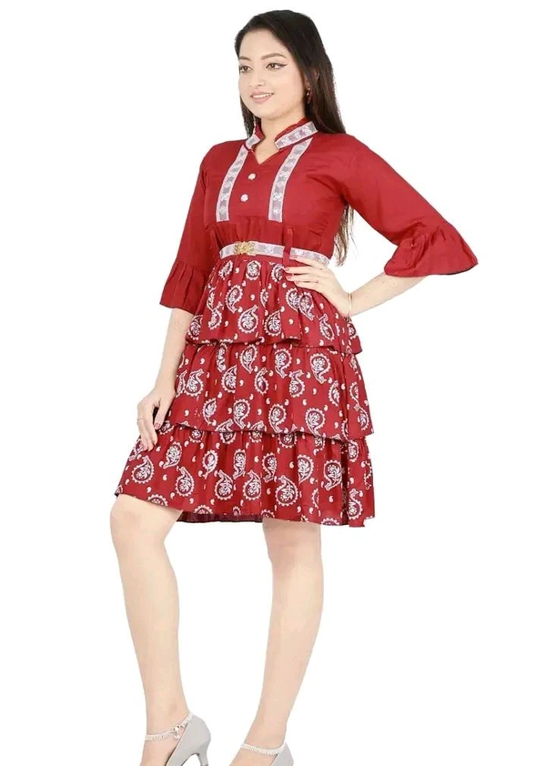 Alluring Rayon Printed A-Line Dress With Attached Belt - Red, XL