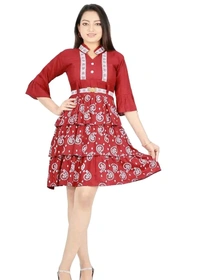 Alluring Rayon Printed A-Line Dress With Attached Belt - Red, XL