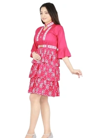 Alluring Rayon Printed A-Line Dress With Attached Belt - Pink Flamingo, S