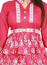 Alluring Rayon Printed A-Line Dress With Attached Belt - Pink Flamingo, M