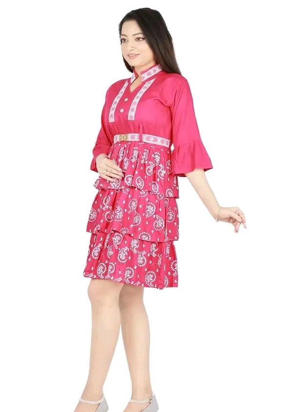 Alluring Rayon Printed A-Line Dress With Attached Belt - Pink Flamingo, XL