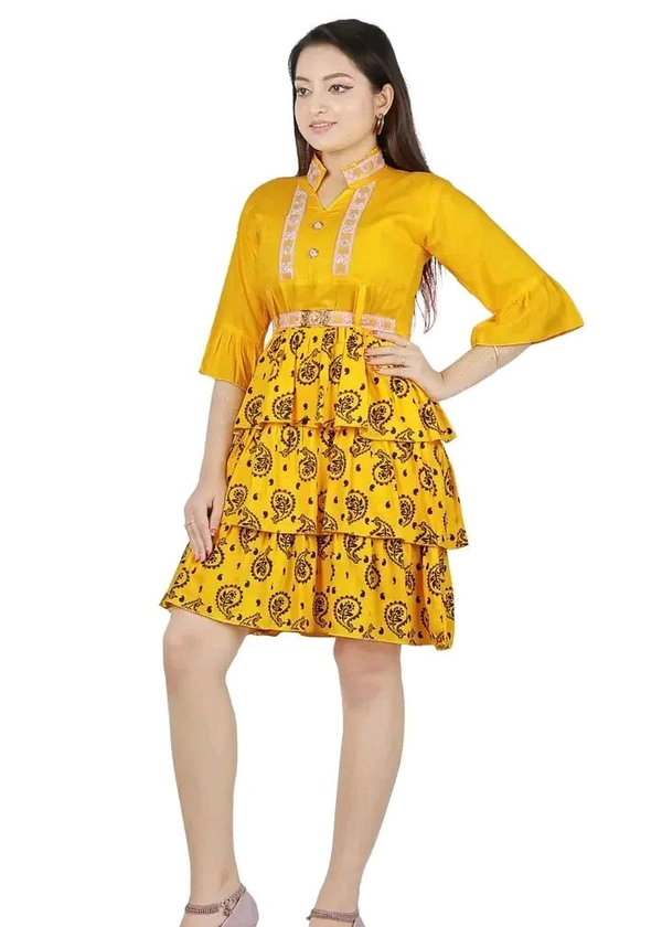 Alluring Rayon Printed A-Line Dress With Attached Belt - Yellow, M