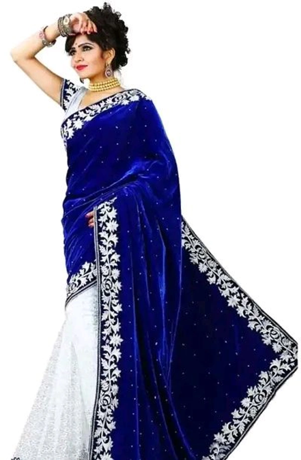 Velvet Self Pattern Sarees For Women - Blue