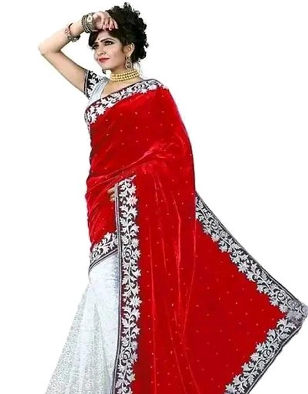 Velvet Self Pattern Sarees For Women - Red