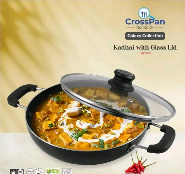 CROSS PAN Non Stick Kadai With 3 Way Non Stick Coating 24Cm Induction And Gas Stove Compatible Aluminum Black Granite Finish