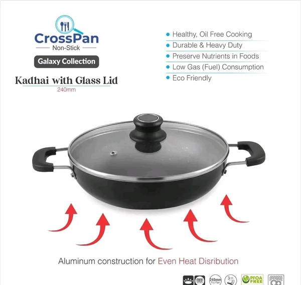CROSS PAN Non Stick Kadai With 3 Way Non Stick Coating 24Cm Induction And Gas Stove Compatible Aluminum Black Granite Finish