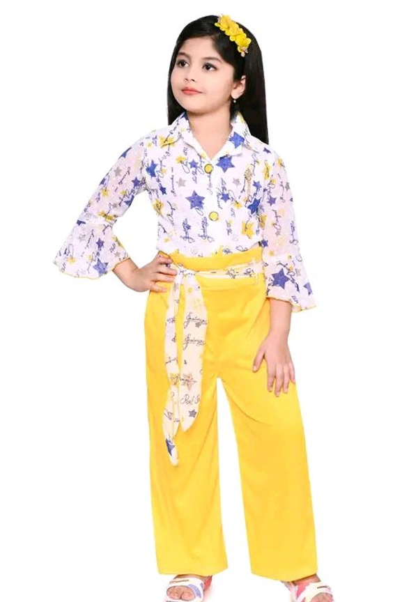 SAGUN DRESSES Chiffon Printed Top and Plazzo Top and Plazzo Sets for Kids' Perfect Party Look Dress - Yellow, 4-5 Yr