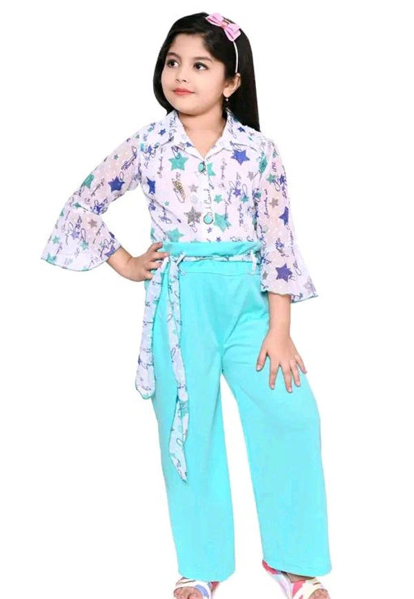 SAGUN DRESSES Chiffon Printed Top and Plazzo Top and Plazzo Sets for Kids' Perfect Party Look Dress - Green, 4-5 Yr