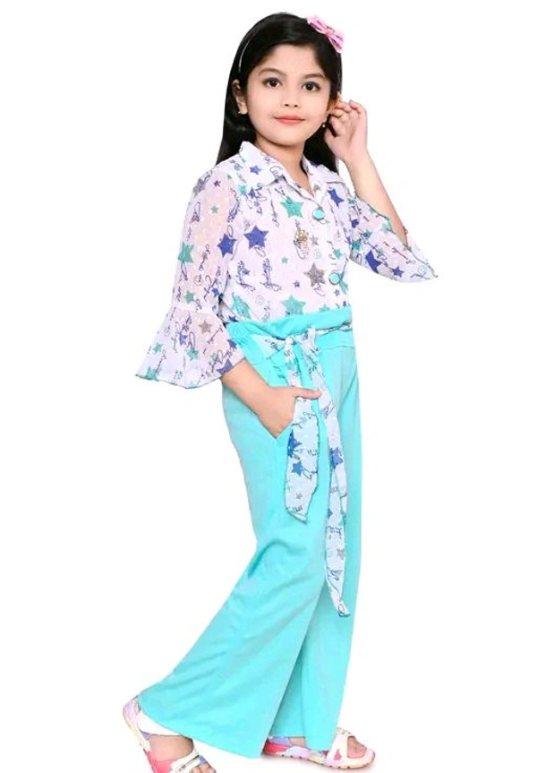 SAGUN DRESSES Chiffon Printed Top and Plazzo Top and Plazzo Sets for Kids' Perfect Party Look Dress - Green, 8-9 Yr