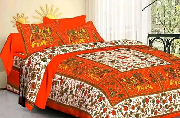 Elegant Cotton Printed Double Bedsheet With Pillow Covers *Pack Of 1 Double Bedsheet With 2 Pillow Covers - Web Orange