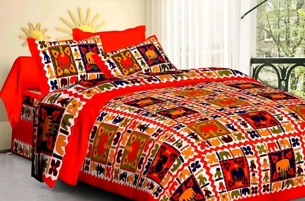 Comfortable Yellow Cotton Printed Double 1 Bedsheet + 2 Pillowcovers - Web Orange