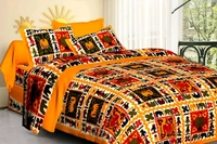 Comfortable Yellow Cotton Printed Double 1 Bedsheet + 2 Pillowcovers - Web Orange