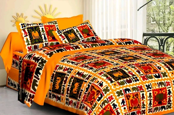 Comfortable Yellow Cotton Printed Double 1 Bedsheet + 2 Pillowcovers - Web Orange