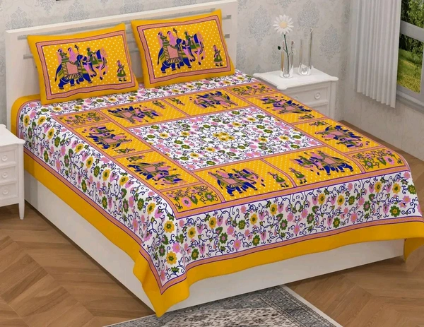 Elegant Cotton Printed Double Bedsheet With Pillow Covers *Pack Of 1 Double Bedsheet With 2 Pillow Covers - Yellow