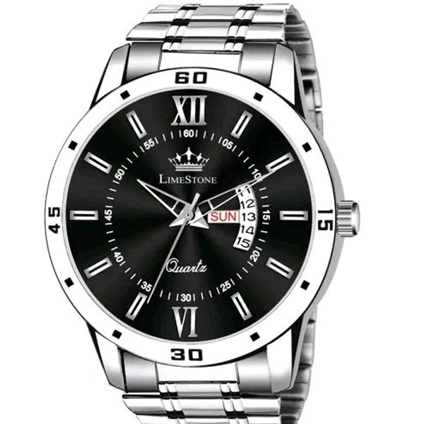 Lime Stone LIMESTONE Day and Date Functioning Black Dial Steel Strap Quartz Analog Watch - For Men