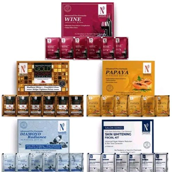 Nutriglow  NutriGlow NATURAL'S Combo Pack of 5 Diamond Radiance, Skin Whitening, Gold Kesar, Papaya, Wine Facial Kit for Skin Cell Repair Reduce Spotless Face (60gm Each)